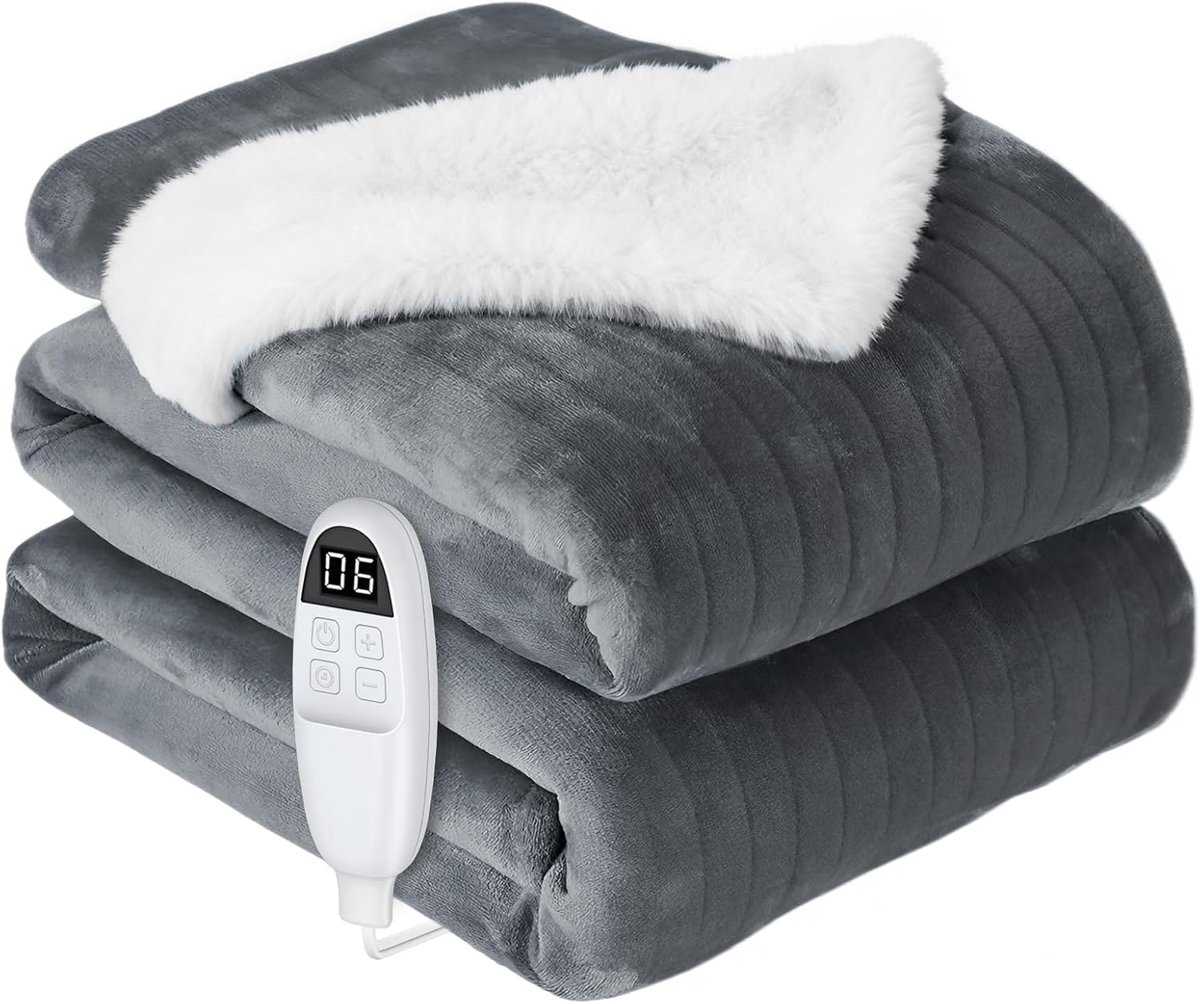 SnelShoppen - Elektrische Deken met 6 Warmte-instellingen en 10-Uur Timer, Machinewasbare Warmte Kussen voor Bed en Bank, Oververhitting Beveiliging,