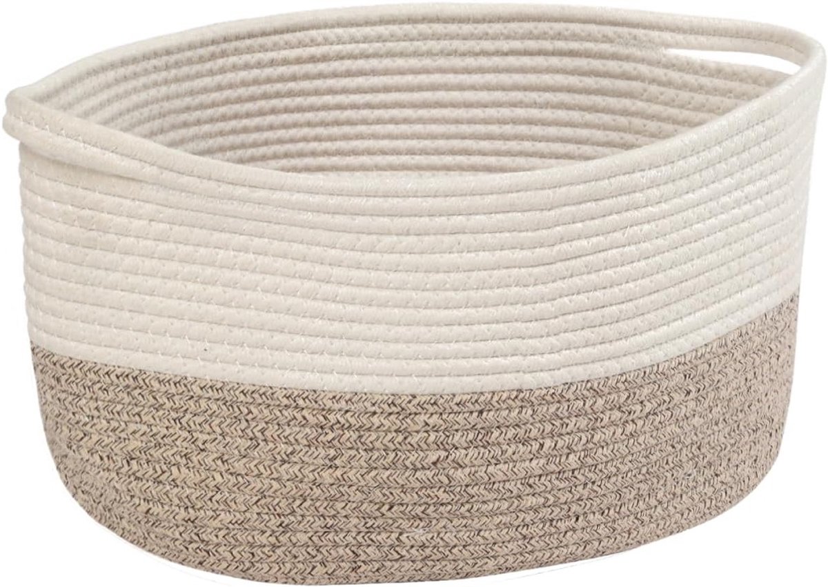 Woven opbergmand van katoen met handvat, vierkante mand voor speelgoed, kleding en was in wit/bruin - 14"×11"×10" voor veelzijdige opslagoplossingen