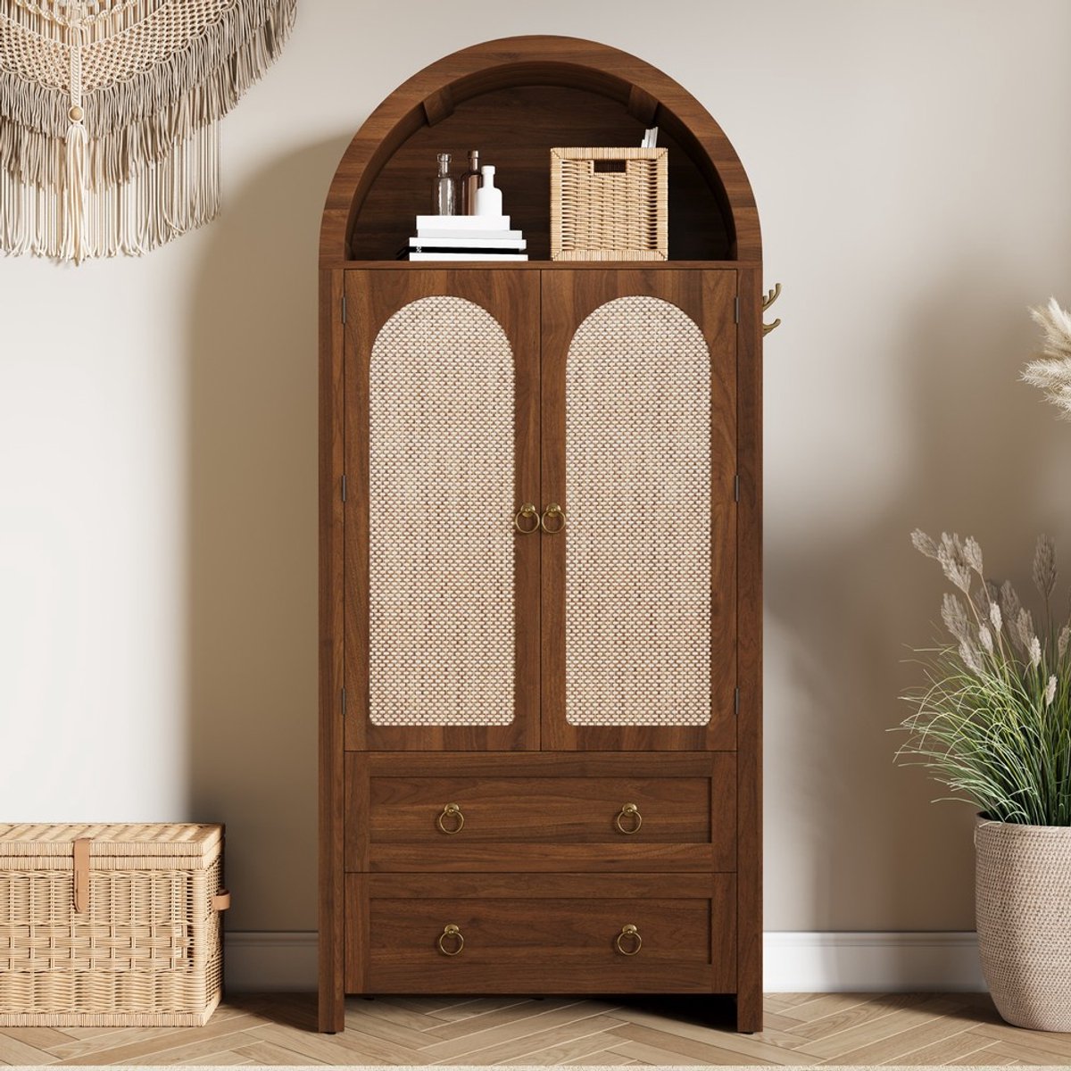 Pugsdrly Sideboard in gevlochten mand-boogstijl, dubbele lades, vintage sideboard voor woon- en slaapkamer, opbergkast