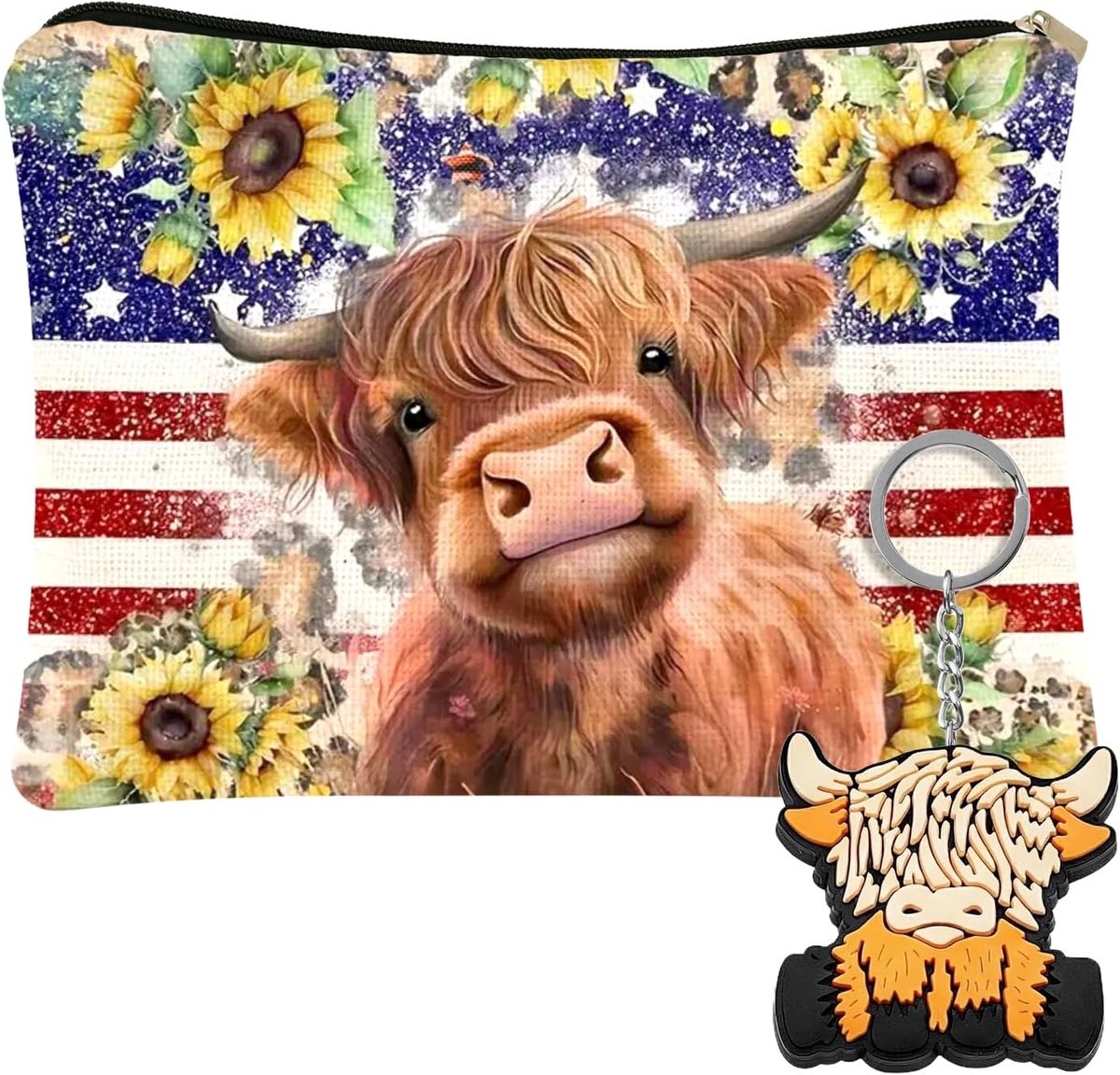 SnelShoppen - Vrouwelijke Make-up Tas met Schotse Hoogland Koe Print en Sleutelhanger - Duurzaam, Compact, Perfect als Cadeau voor Verjaardag of Valen