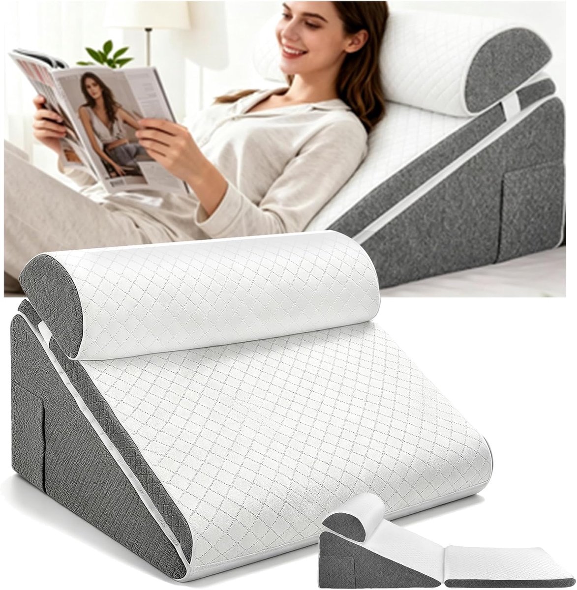 SnelShoppen - 3-in-1 Orthopedisch Slaapkussen met Verstelbare Wedge, Moustache en Beenverhoging, Ideaal voor Slapen, Apneu, Reflux en Rugpijn, Wasbare