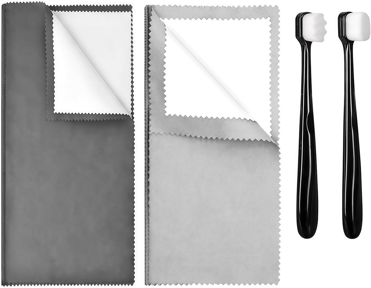 SnelShoppen - 4-delige Zilveren Poetsdoek Set voor Sieraden met 2 Detailborstels, Polijstdoeken, Sieraden Reiniger voor Goud en Horloges (Grijs & Zwar