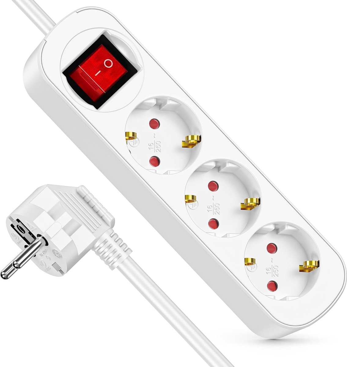 SnelShoppen - 3-Way Power Strip met Energiebesparende Schakelaar, 3 m Kabel, Ruimtebesparende 45° Hoek, Witte Meerkrachtstekker voor Thuis en Kantoor