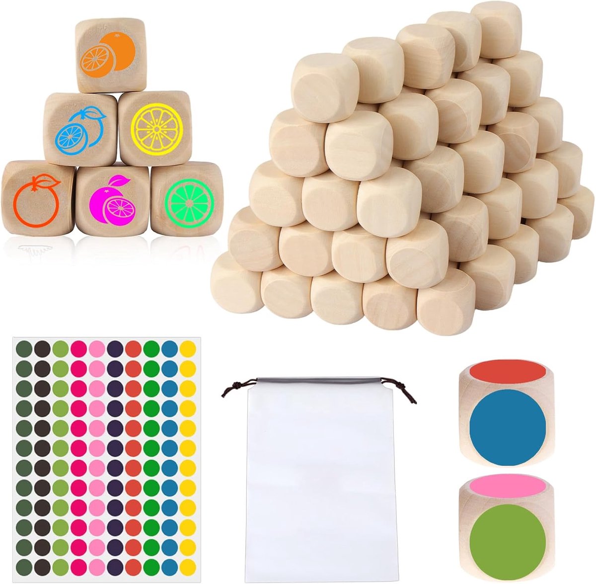 SnelShoppen - 80 Stuks Lege Houten Dobbelstenen 20mm DIY Blank Dice met Dots Stickers en Trekkoordzak voor Creatieve Klussen, Spellen en Puzzels