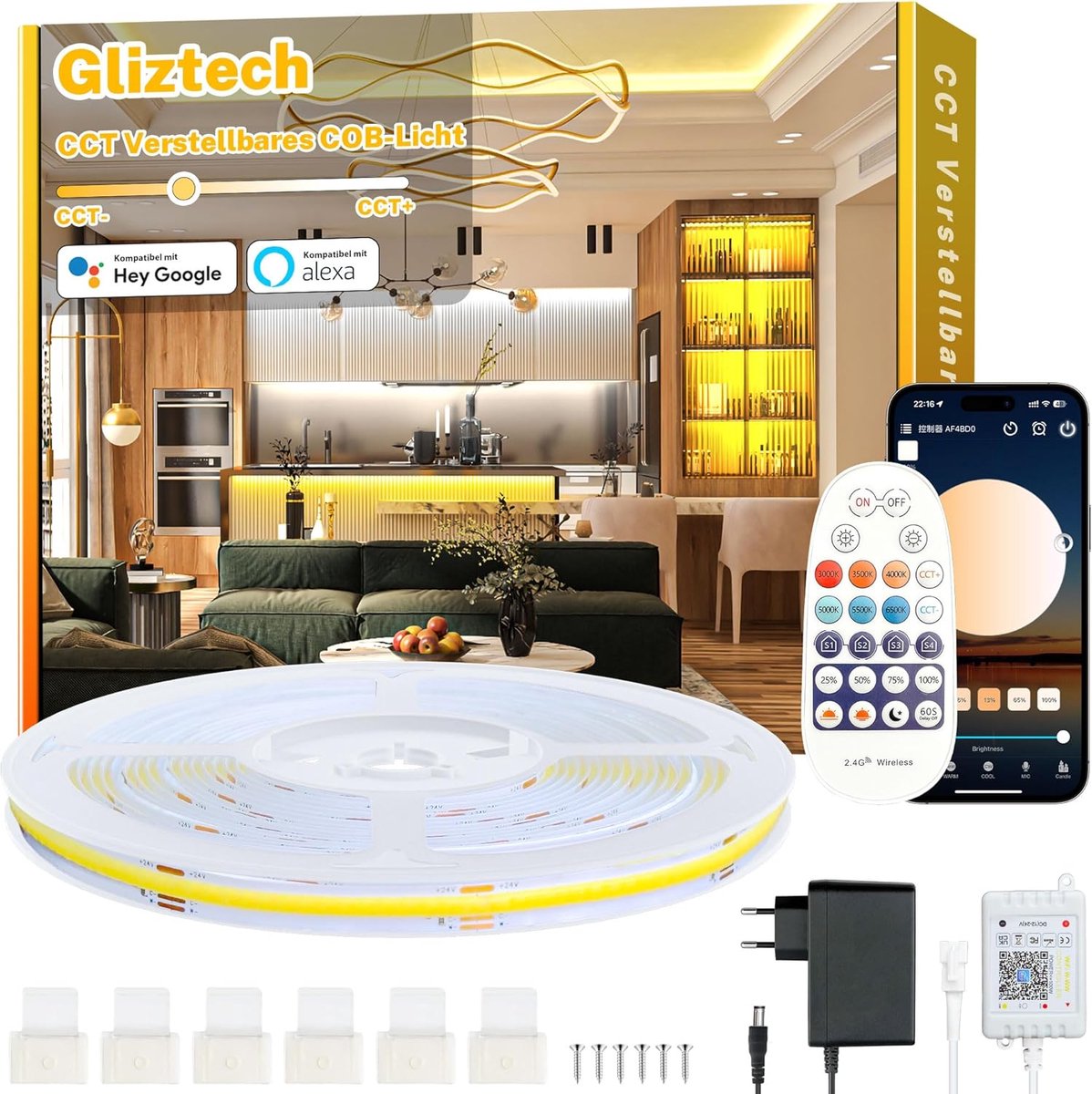 SnelShoppen - White COB LED Strip Lights 10M - Dimbare, Alexa Compatibele LED Strip 3000k tot 6500k, Onderkast Verlichting voor Keuken en Slaapkamer