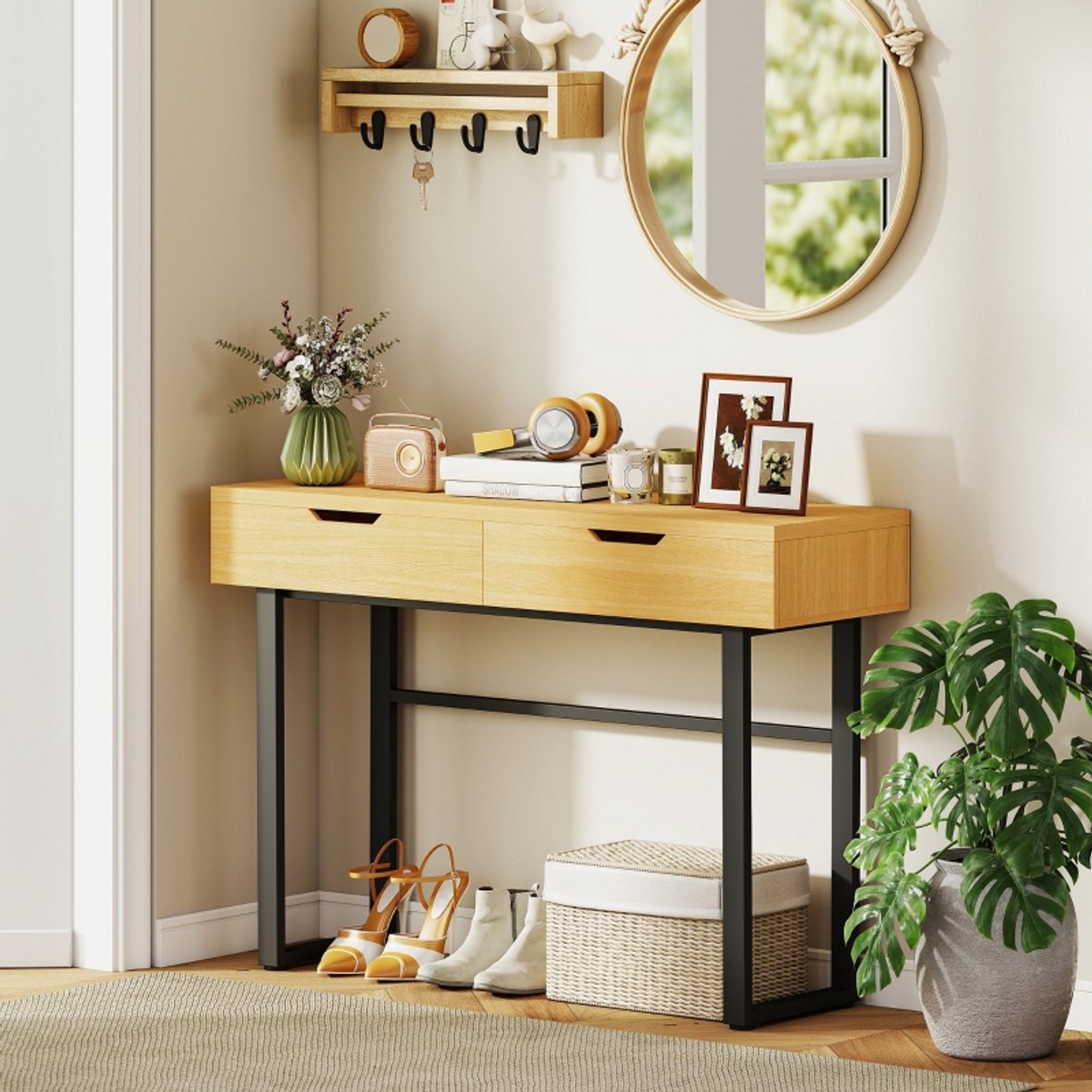 COVREO Sidetable 110 x 35 x 76,5 cm naturel houtkleur metaal met 2 lades