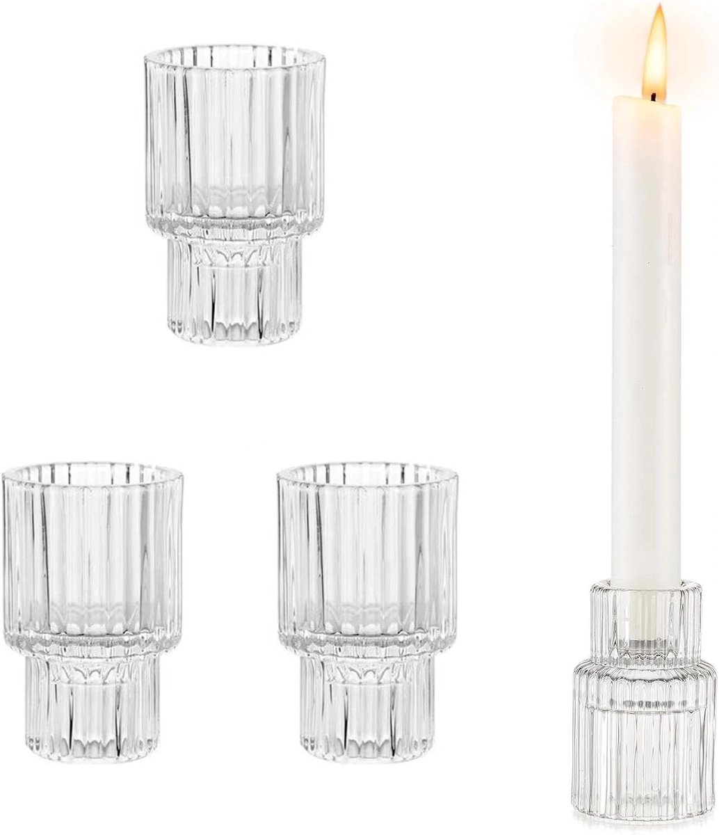 SnelShoppen - Glazen Kaarsenhouders Set van 4, Transparant Dubbel Gebruik met Verticale Strepen voor Thuis, Restaurant, Bruiloft en Feest