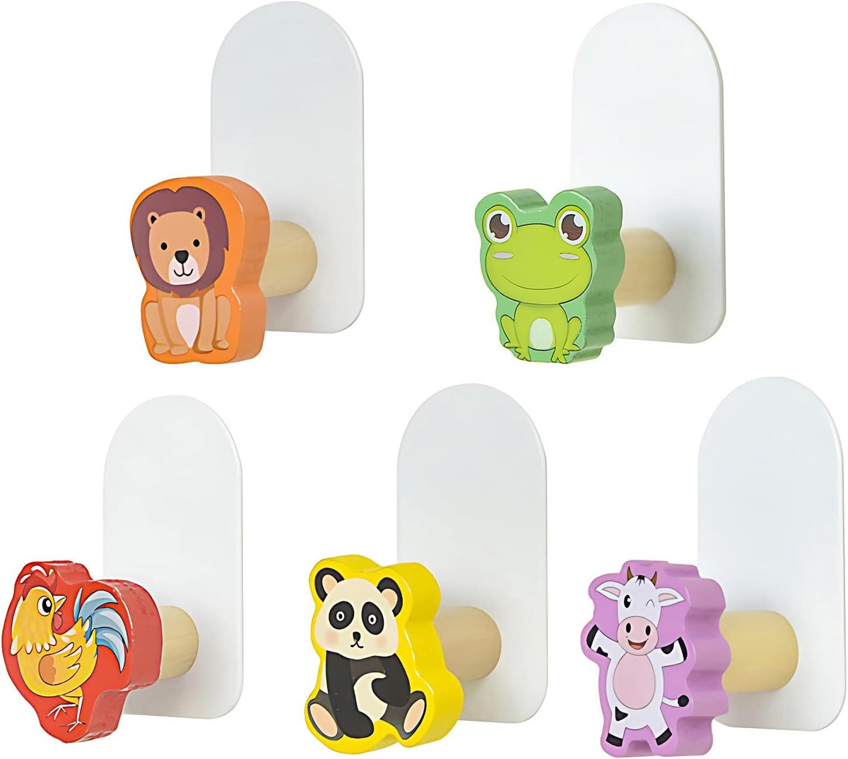 SnelShoppen - Pack van 5 Houten Dieren Kledinghaken - Zelfklevende Wandhaken voor Kinderkamers - Geen Boren Nodig - Schattige Decoratie voor Kinderen