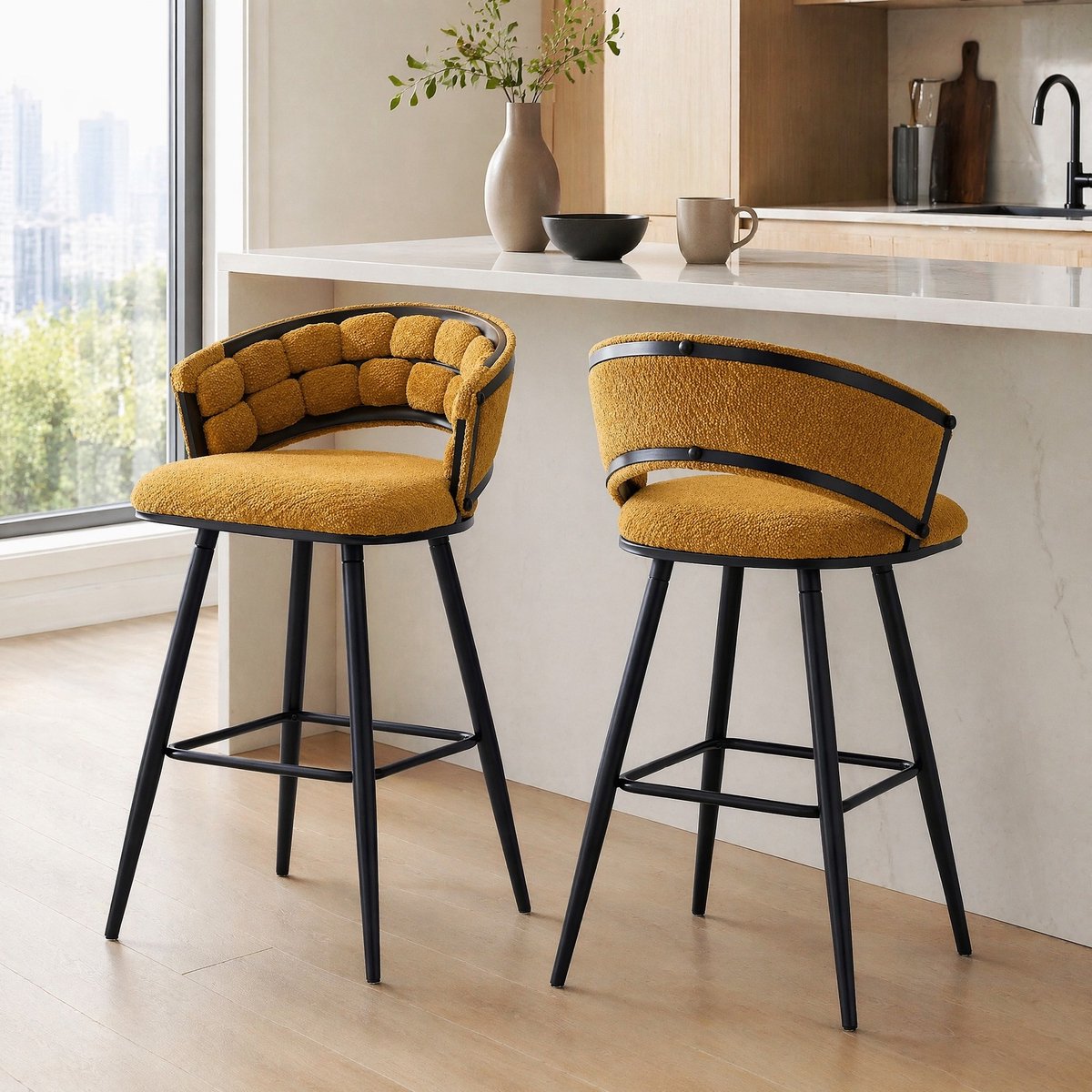 DESMIU Barkruk 56 x 50,5 x 98 cm - Set Van 2 Met Rugleuning En Voetensteun - Voor Keukeneiland En Bar - Fluweel En Metaal - Geel Zwart