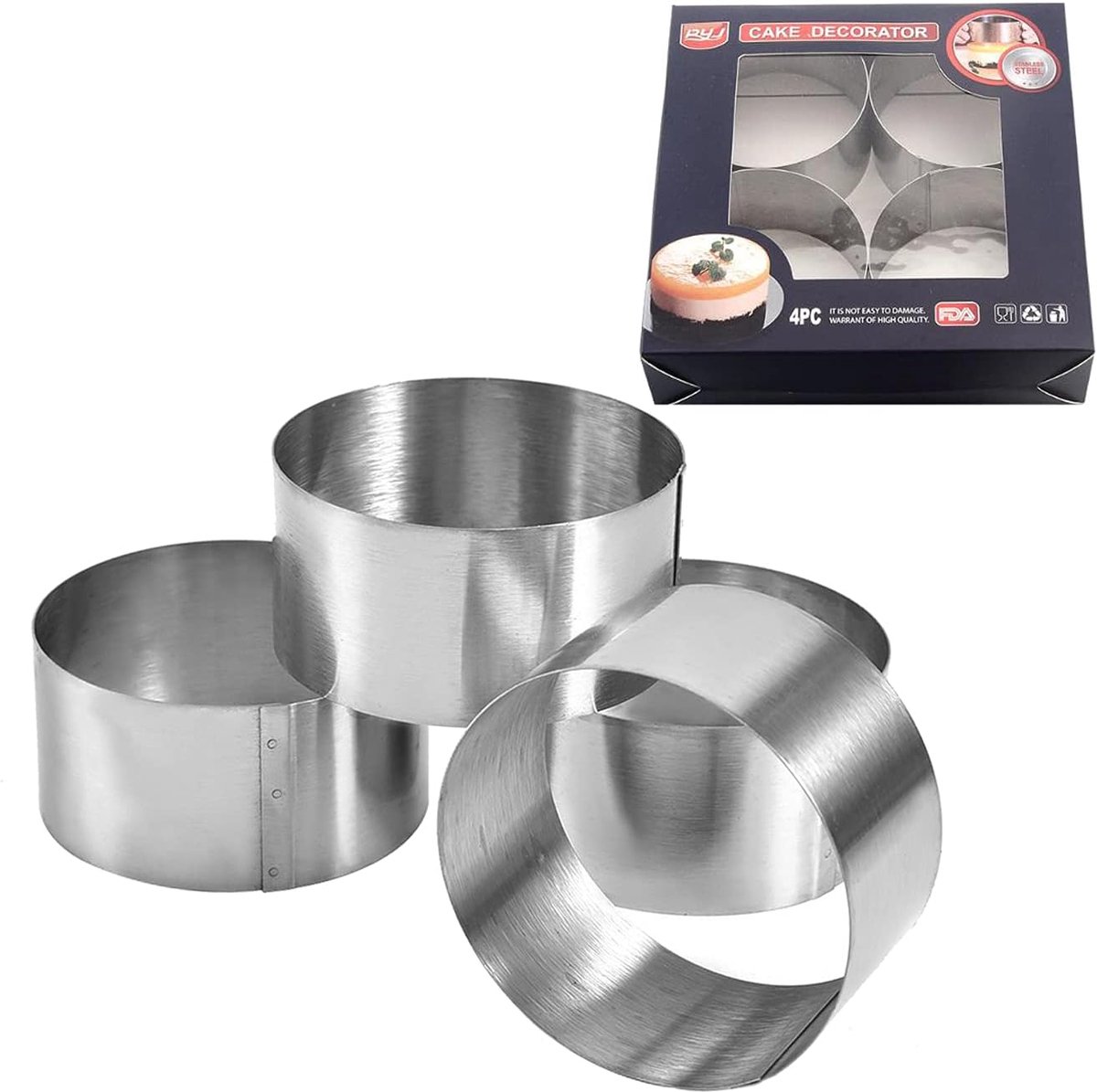 SnelShoppen - Dessert Dinner Set 4 Pcs, Ronde Cake Ring, Mini Bakringen voor Taart, Non-Stick Bakaccessoires voor Gebak, Pancakes, 10 cm, Roestvrij St