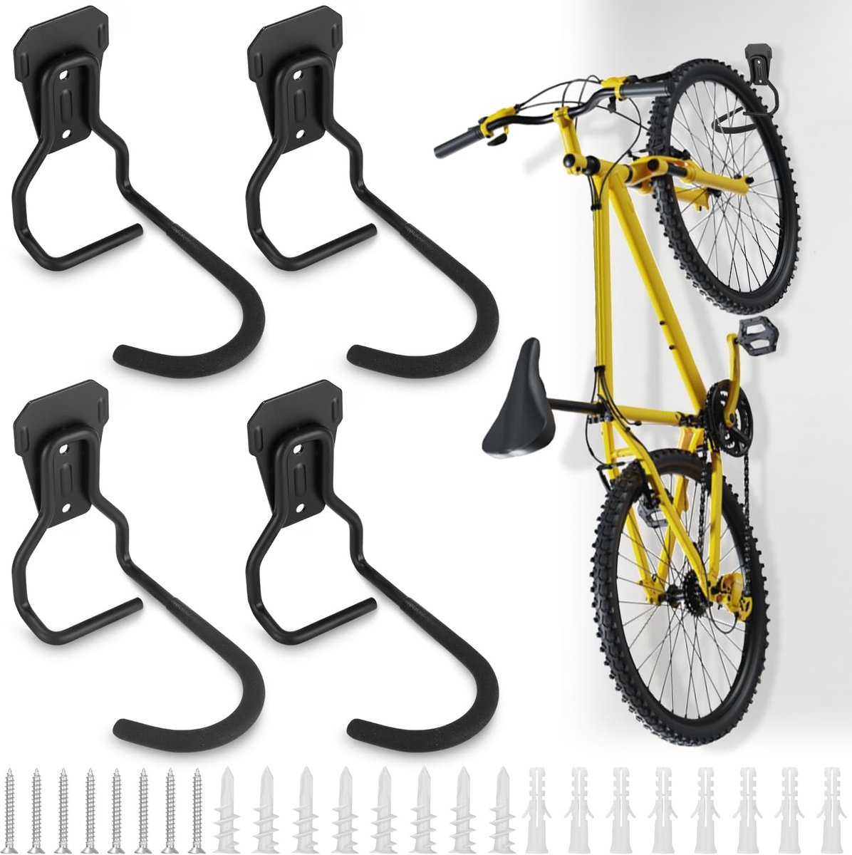 SnelShoppen - 4 Stuks Fietshouder Muurbevestiging, Fietsenwandhouder voor Diverse Fietstypes, Rubber Bescherming, Kleur Zwart, Ruimtebesparende Fietss