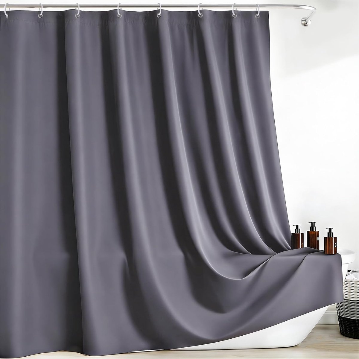 SnelShoppen - Douchegordijn Wasbaar Schimmelbestendig 200x180 cm Donkergrijs Inclusief 12 Haakjes Polyester Badkamer Gordijn