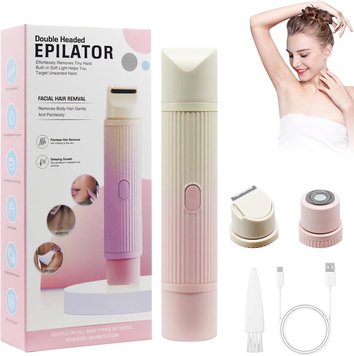 SnelShoppen - Intimate Shaver 2-in-1 Dames, Elektrische Scheermachine voor Onderarm, Benen en Armen, Roze, Dubbele Scheerkop, Staal Blades