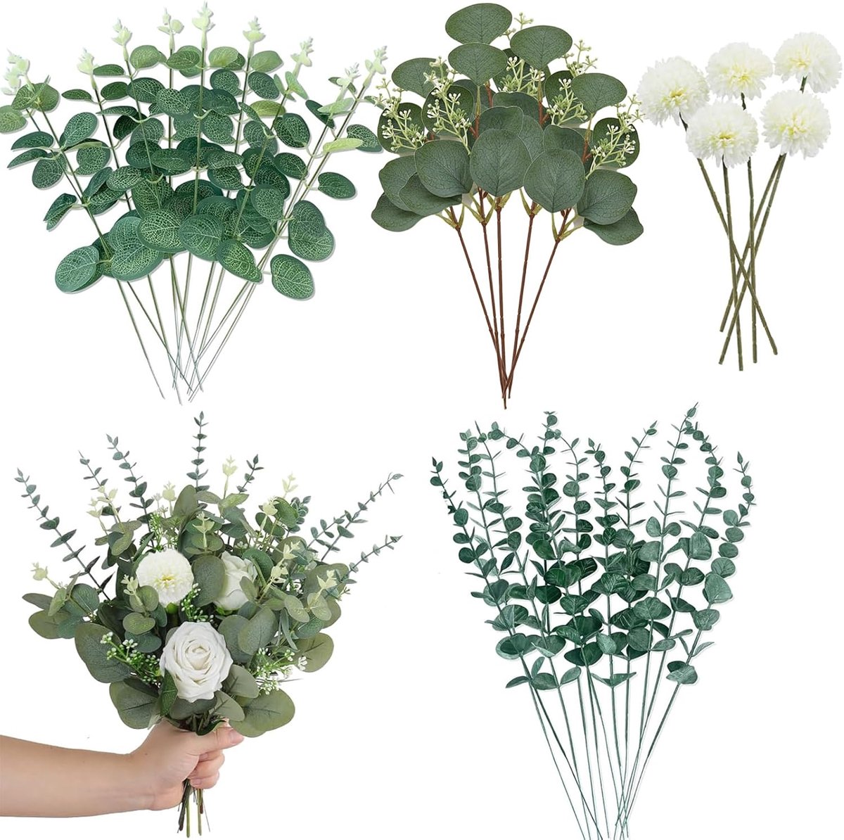 SnelShoppen - 30 Stuks Kunstmatige Eucalyptus en Bloemen, Eucalyptus Decoratie, Kunsttakken, Kunstplanten, Groene Bladeren voor DIY Boeket, Bruidsboek