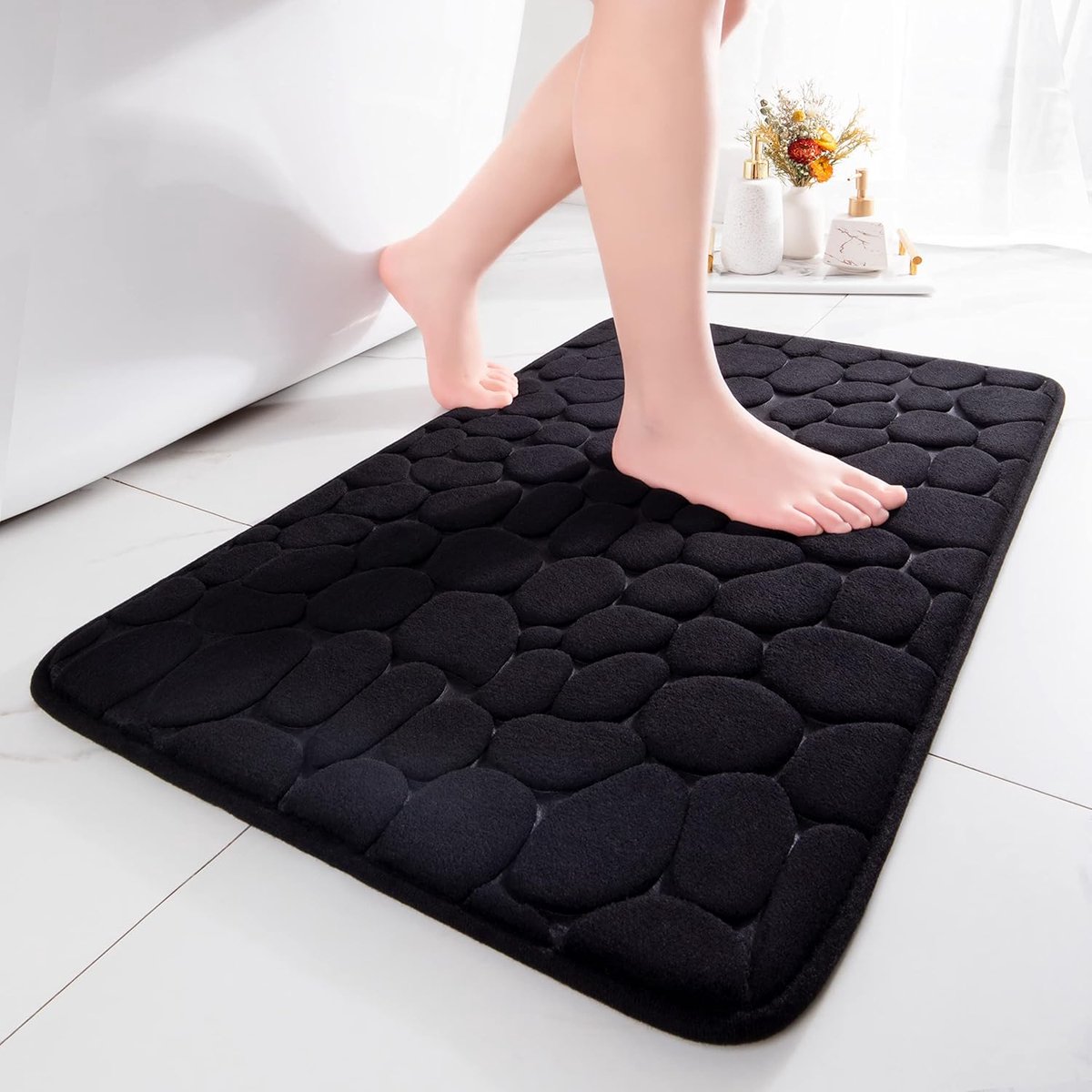 SnelShoppen - Memory Foam Badmat - Super Absorberend Cobblestone Badkamer Mat - Ultra Zacht - Machinewasbaar 50 x 80 cm - Zwart - Antislip Badkamer Ac