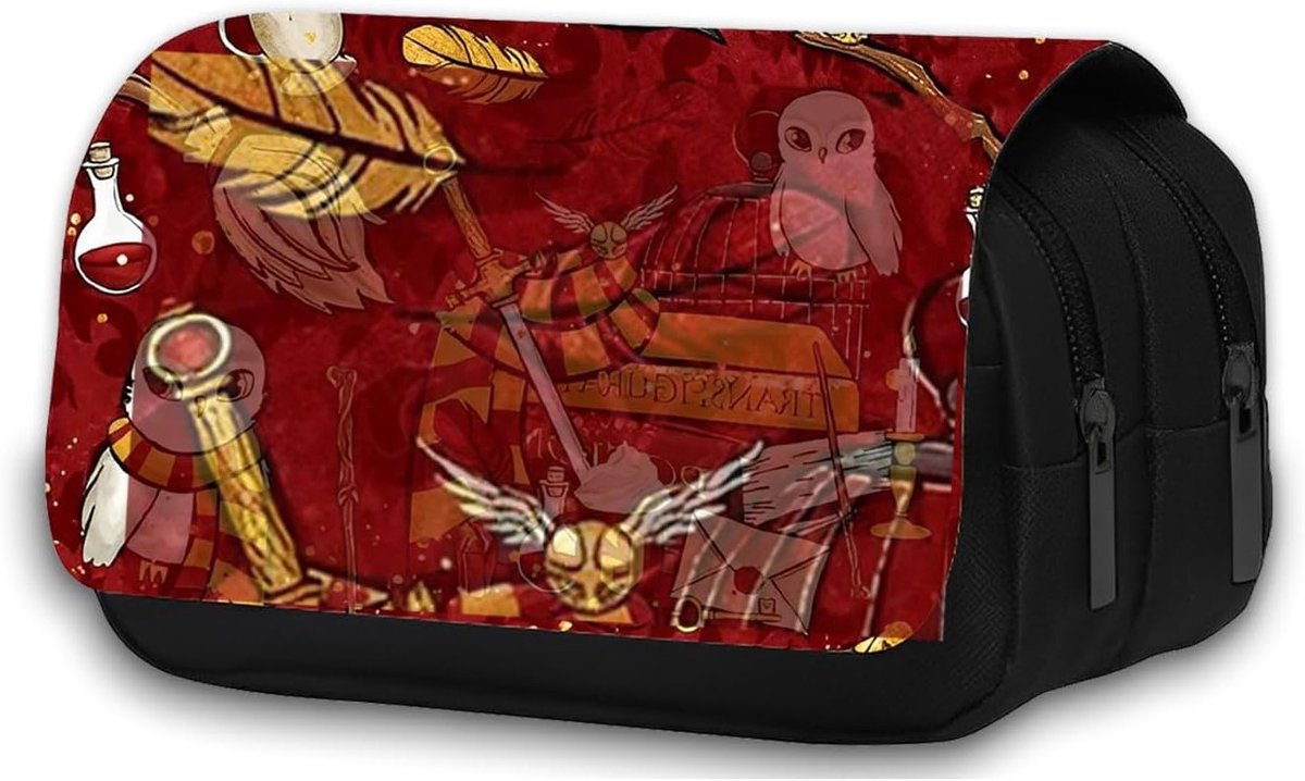 Harry Potter Anime Dubbele Rits Pennenzak met Kleurpotlood Tas, Grote Capaciteit, Rood, Perfect voor School en Creatieve Projecten