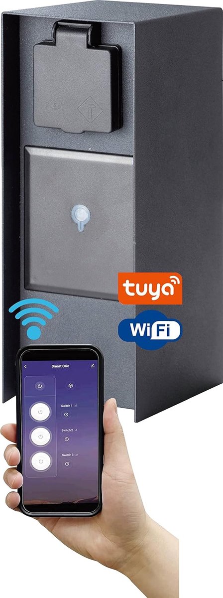 SnelShoppen - Smart Buiten Stopcontact met 3-Weg Plug - IP44 Waterdicht - RVS Tuin Energiekolom - 3680 Watt - Voor Camping, Feest en Tuin - Anthraciet