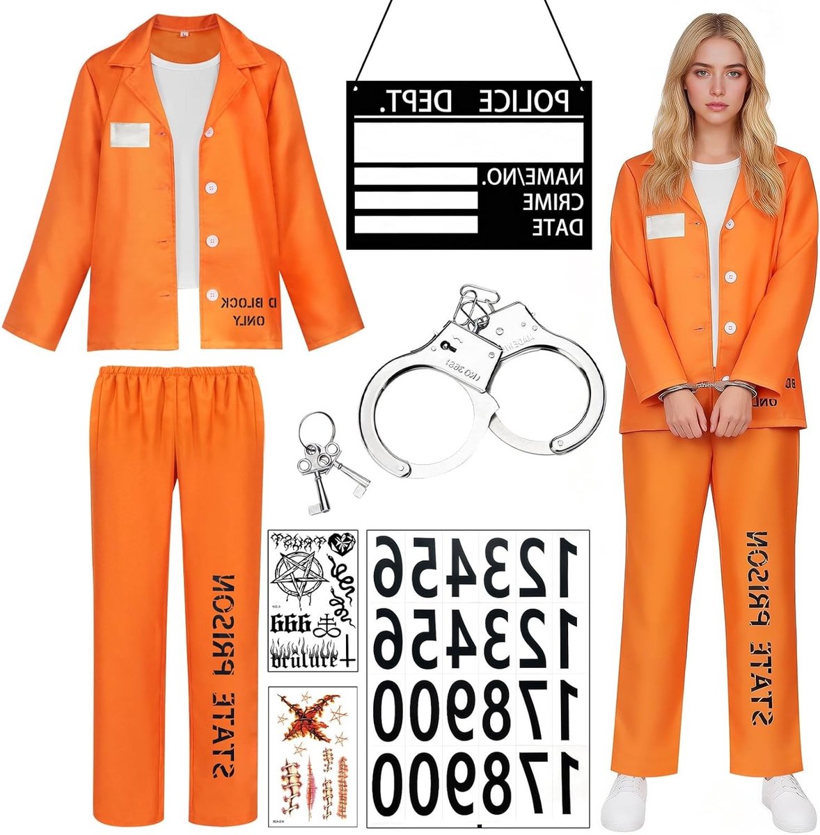 Vrouwelijk Gevangenis Kostuum in Oranje, Inclusief Naamlabel en Handboeien, Perfect voor Halloween en Carnaval, Cosplay Outfit voor Volwassenen