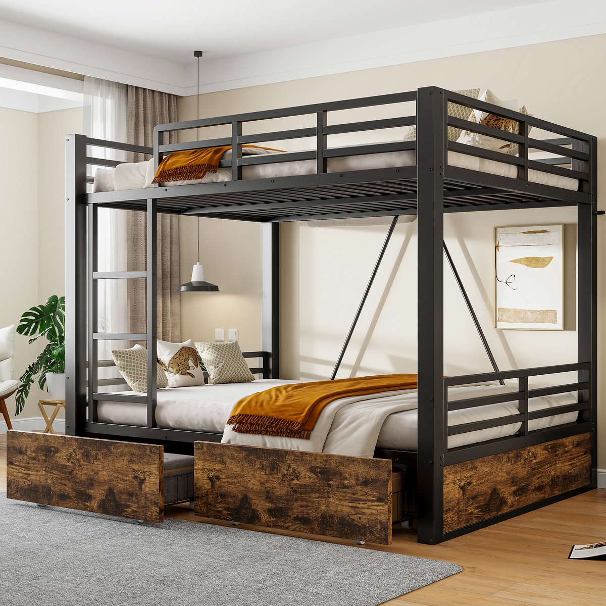 Stapelbed 140x200 cm - Met Lades, Ladder en Veiligheidshekken - Ruimtebesparend, Zonder Matras - Metaal en Hout - Zwart