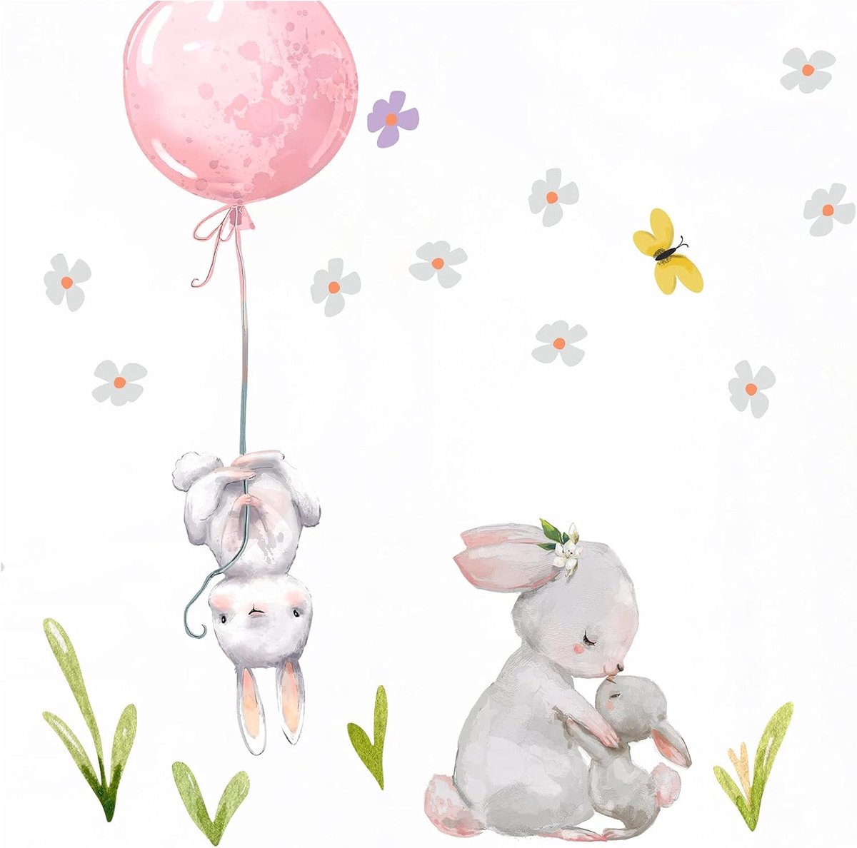 SnelShoppen - Muurstickers Kinderen - Little Deco Konijnenfamilie met Ballon - Roze Wanddecoratie - 55x37 cm - Inclusief Installatiehandleiding - Scha
