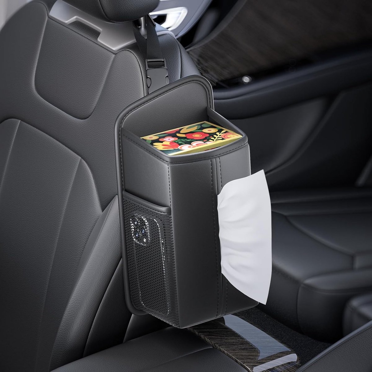 SnelShoppen - Front Seat Tissue Box Holder - Auto Organiser met Hoofdkussen, 2 Zijkanten voor Telefoons en Kaarten, Duurzaam PU Leer (Zwart)