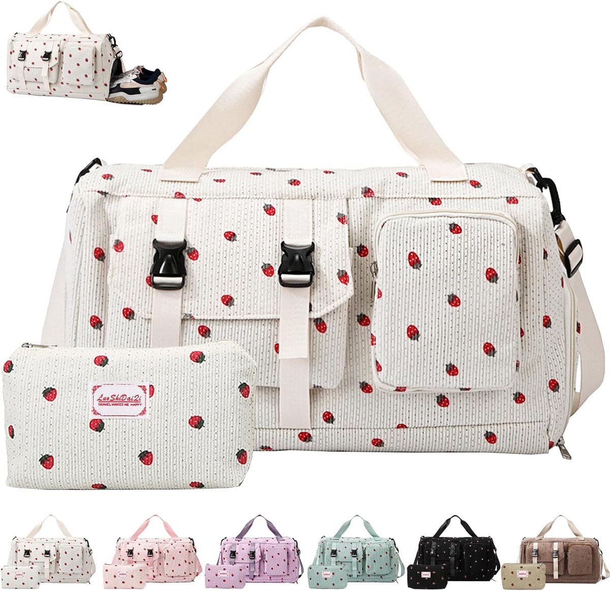 SnelShoppen - Damessporttas Aardbeienkleur Corduroy Sporttas met Schoenenvak en Natvak voor Fitness, Reizen, Sport en Gym, 46x24x26 cm