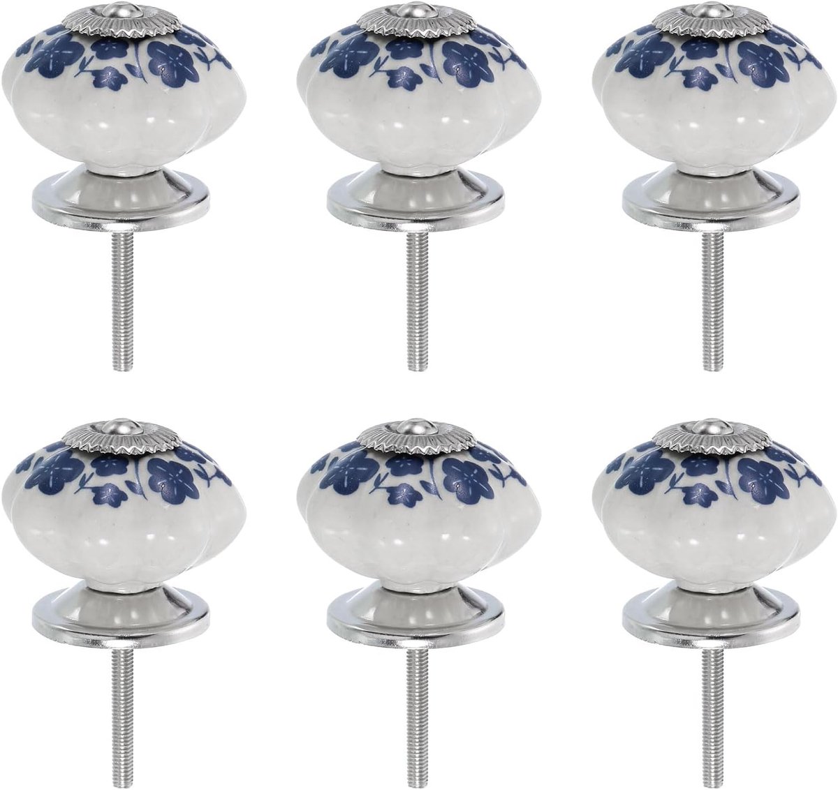 SnelShoppen - 6x Vintage Blauw Keramische Knoppen voor Keuken, Kast en Lade - Bloem Motief