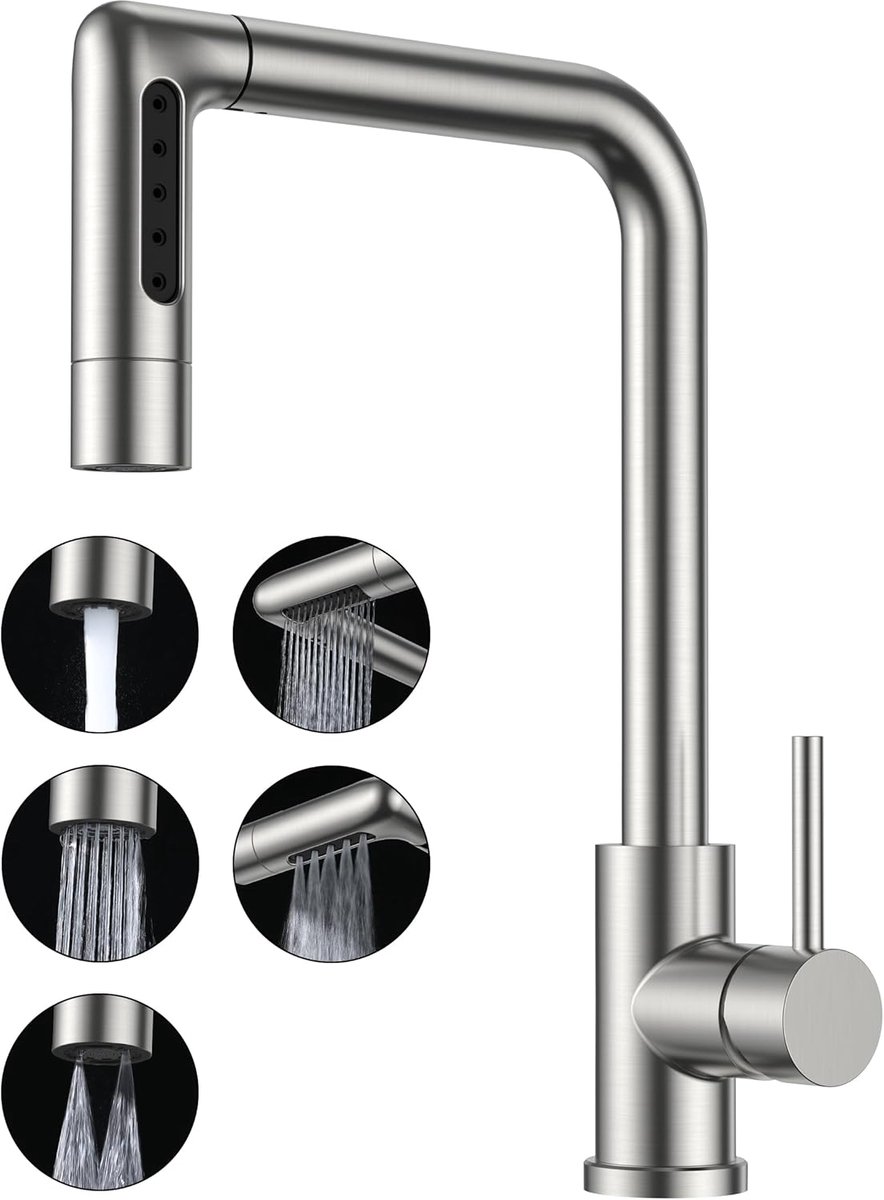 SnelShoppen - Keukenkraan met Uittrekbare Water Tap, 5 Spray Patronen, RVS 360° Draaibaar, Enkele Hendel voor Warm en Koud Water, Voor Keuken, Hoogwaa