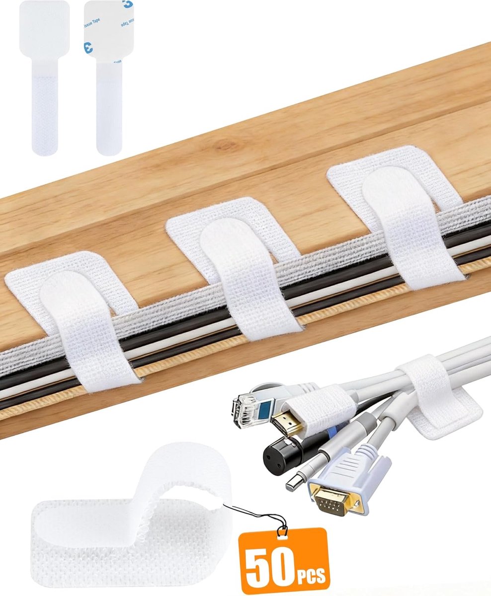 SnelShoppen - 50 Stuks Kabelmanagement Set - Witte Kabelbinders Verstelbaar - Zelfklevende Kabelclips Herbruikbaar - Kabelorganizer voor Bureau, TV, P