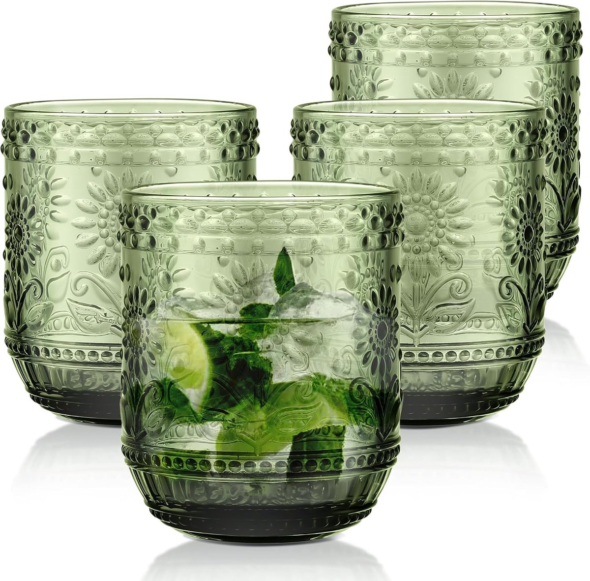 SnelShoppen - Vintage Drinkglazen Set van 4 - Groene Waterglazen met Geëmbosseerd Bloem Motief - Cocktail en Whisky Tumbler - Hobnail Textuur Drinkwar