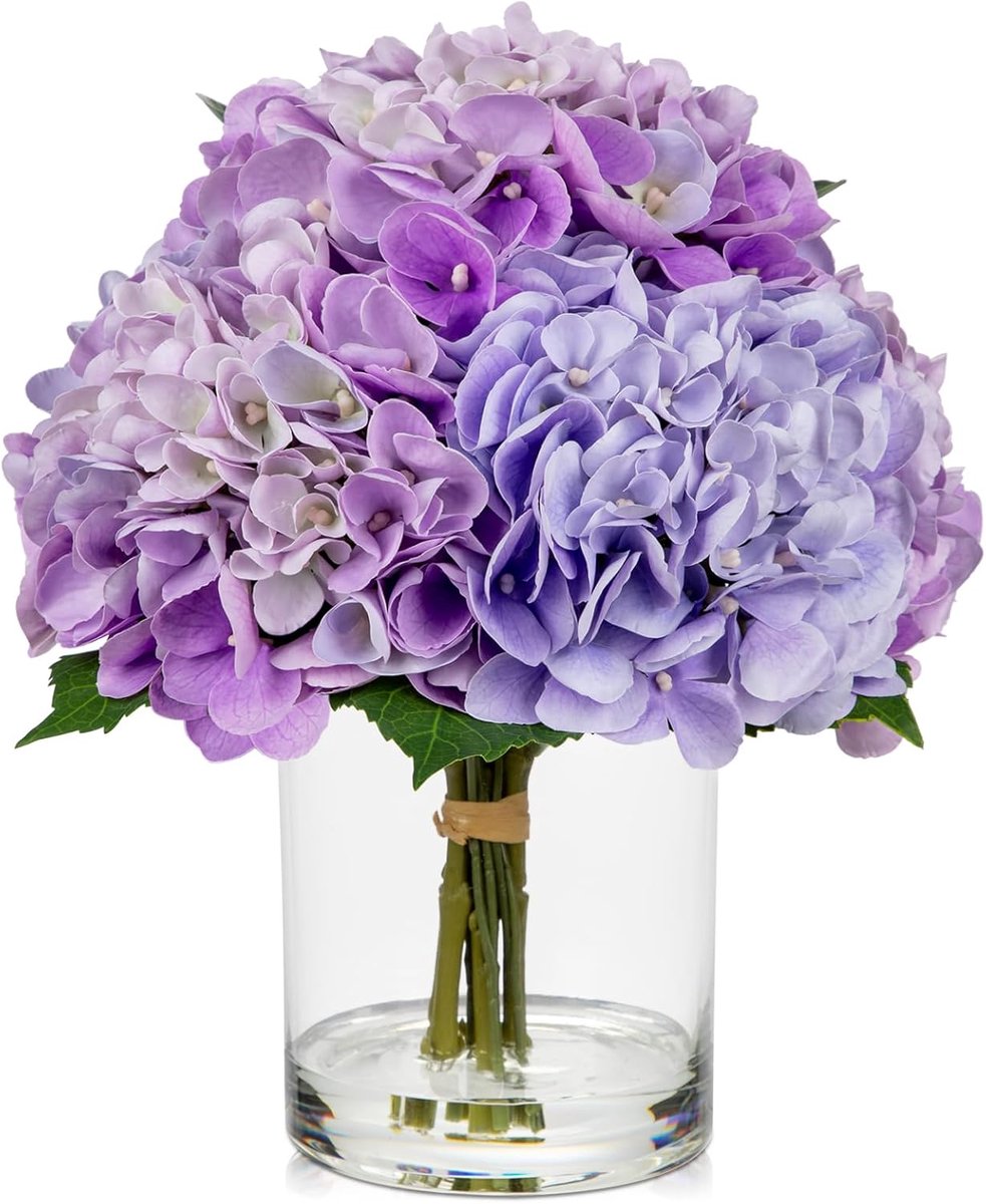 SnelShoppen - Kunstbloemen met 5 hortensia's in glazen vaas met helder kunstwater, 3D-print, Real Touch, voor bruiloften, thuis, hotels, bloemenarrang