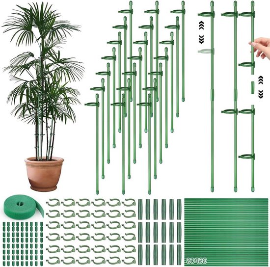 Kamerplant met lange, groene bladeren naast een verzameling groene plantenstokken, clips, tape en connectoren.