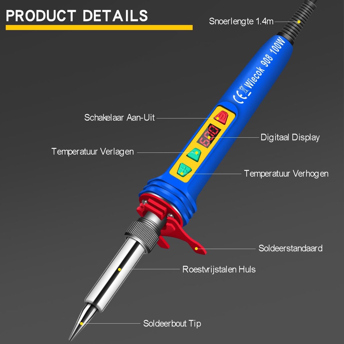 SnelShoppen - Soldering Iron LCD Display 100W 220V Instelbare Temperatuur 200-600°C, ON/OFF Schakelaar, 5 Soldeerpennen, Ideaal voor Professionele Ele