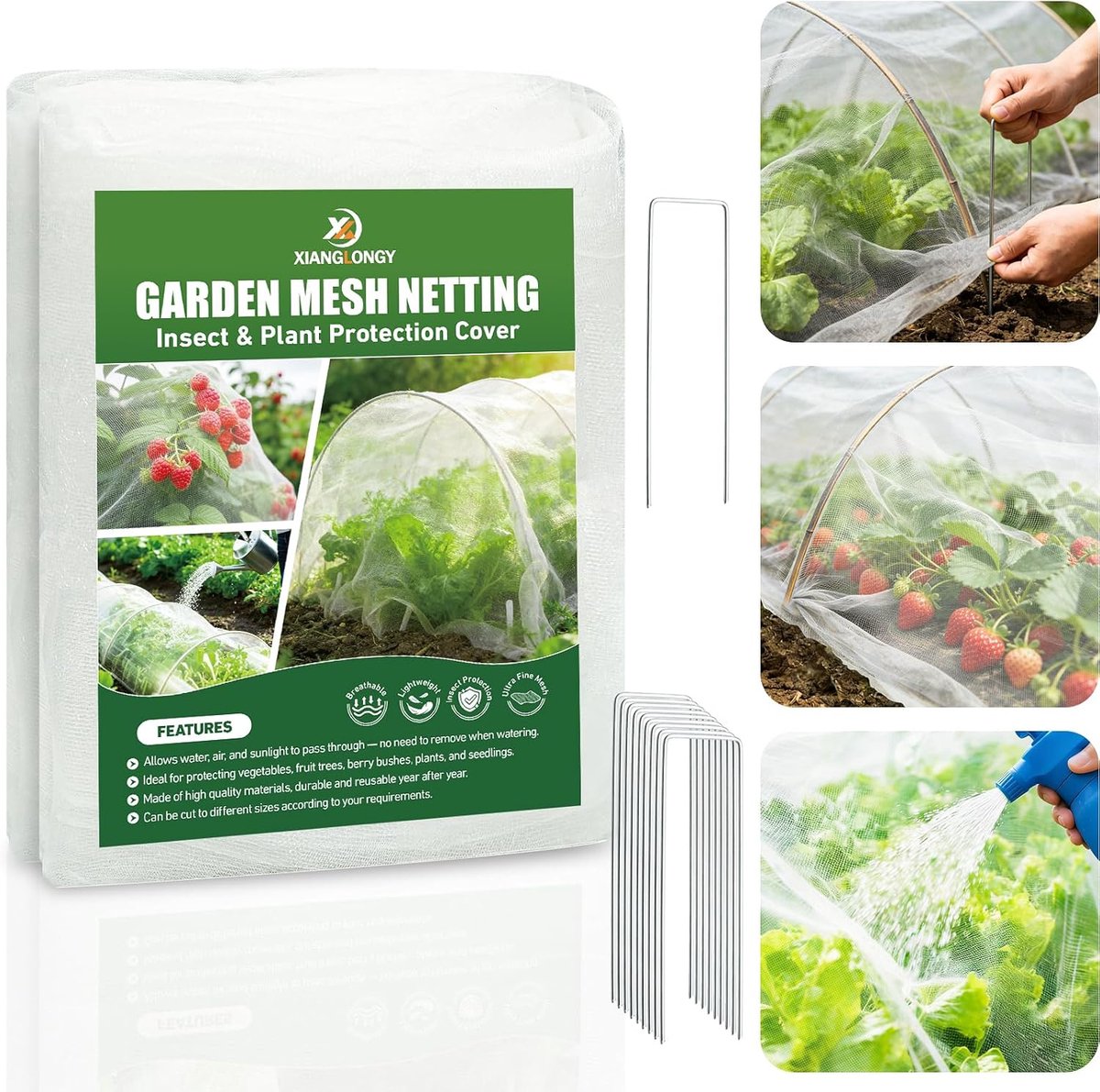 Thijox - Insectengaas Tuin 3 x 6 m met 10 Grondpennen, Fijnmazig Beschermnet voor Planten en Groenten, Ademend Anti Insecten Net voor Moestuin en Frui