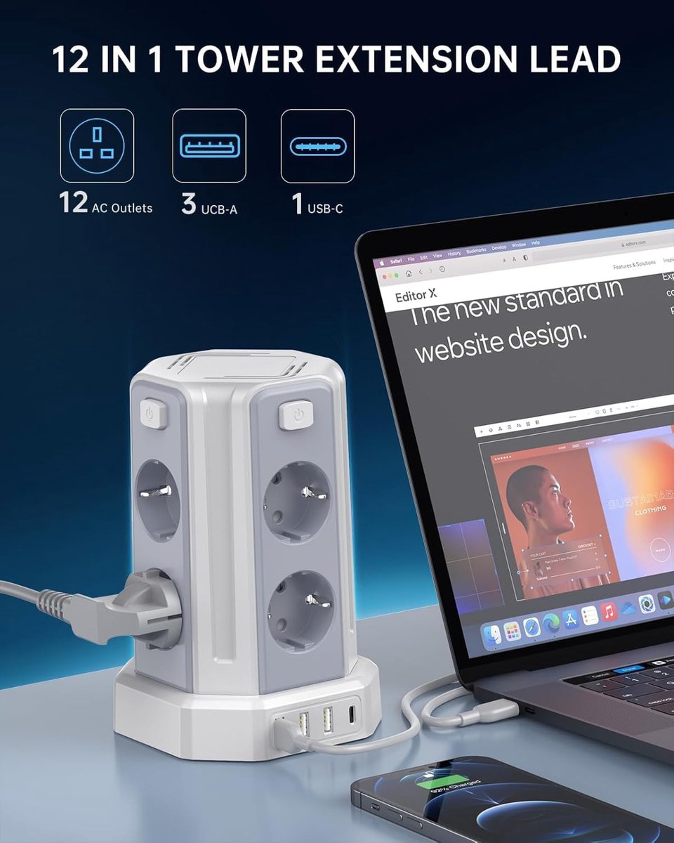 Thijox - 8-voudige stekkerdoos met USB en 5 m verlengkabel, stekkerstrip met overspanningsbeveiliging, stekkertoren met 4 schakelaars voor thuis en ka
