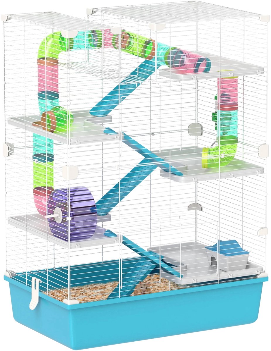 Hamsterkooi 6 Verdiepingen – Met Buizen, Renrad, Voerbak & Accessoires – Lichtblauw