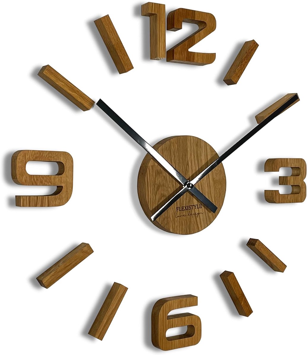 SnelShoppen - FLEXISTYLE 3D Wandklok Hout Eiken Groot 50-75cm Dikte 19MM Met Zwarte Wijzers Voor Kantoor Woonkamer Slaapkamer Decoratie
