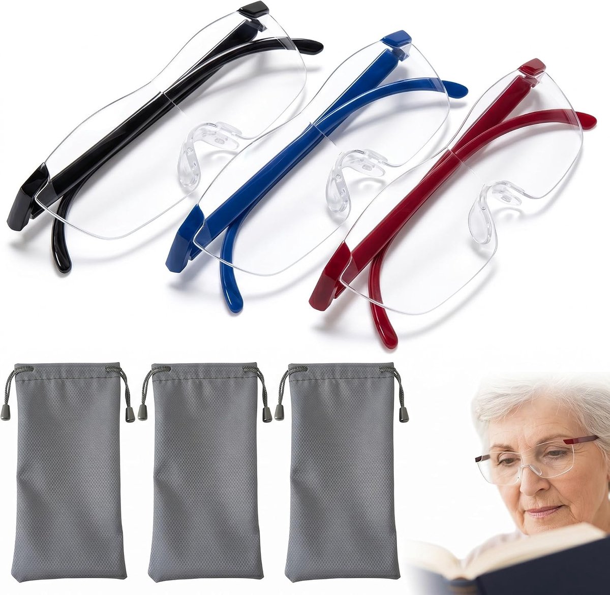 SnelShoppen - Set van 3 Loepbrillen voor Brildragers - Vergrotingsbril 800%, 1000% & 1600% - Vergrootglas Leesloep voor Senioren - Inclusief Gevoerde