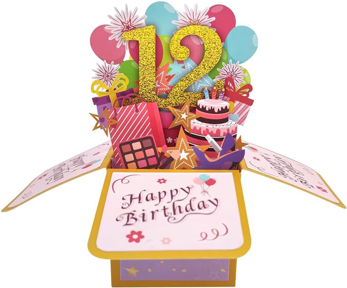 SnelShoppen - Happy 12e Verjaardag Pop Up Kaart voor Meisjes, 12 Jaar Verjaardag Cadeau Idee voor Dochter, Nichte, 3D Wenskaart voor Haar met Glitters