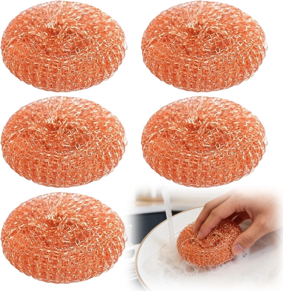 SnelShoppen - Pack van 5 Koper Schoonmaakballen, Koper Schraper, Herbruikbare Koper Spons voor Keuken, Vaat, Pannen, 8 cm Diameter