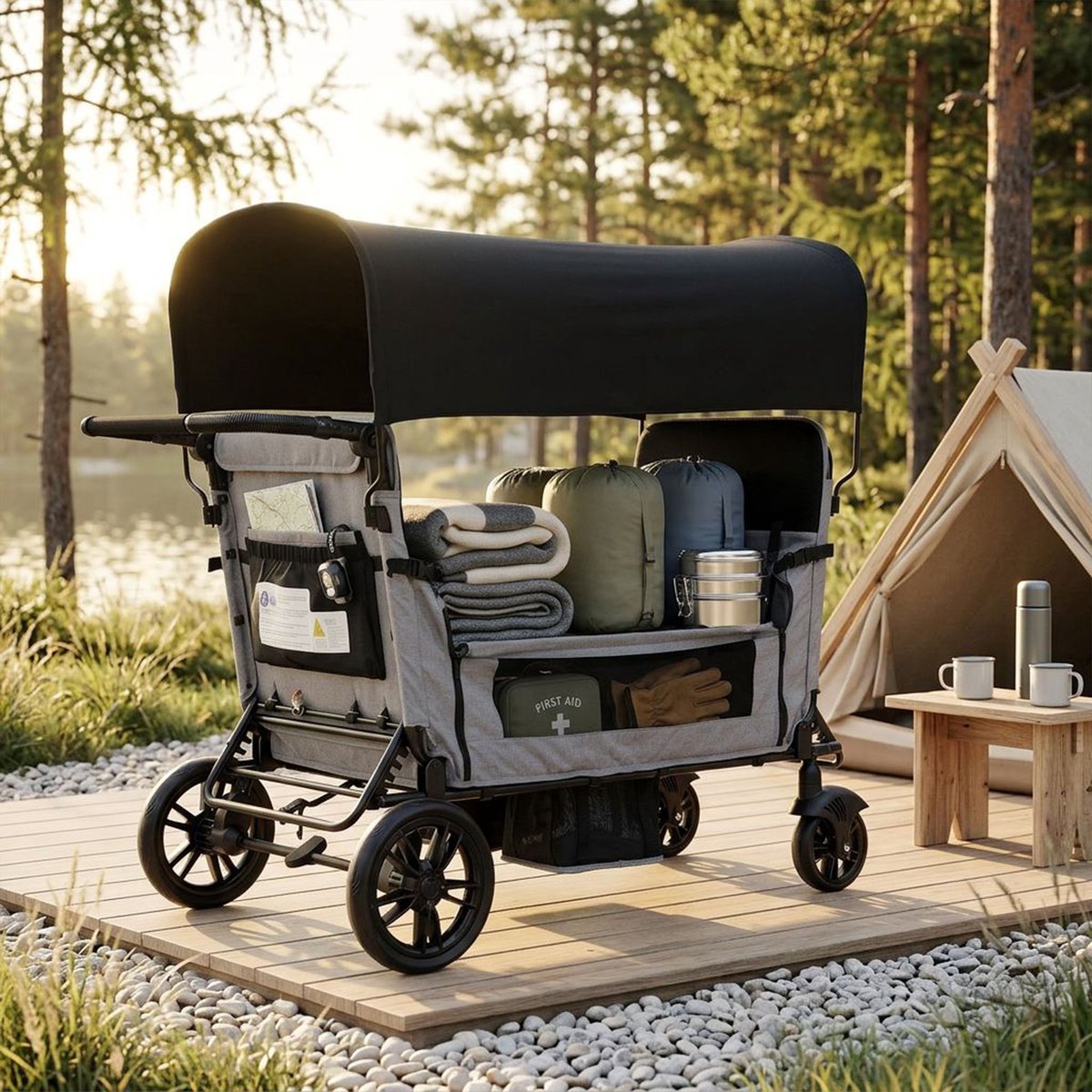 FloraGrace Kinderwagen 4-Zits Opvouwbaar Met Liegefunctie 138 X 126 X 72 Cm Staal En Stof Zwart Grijs Voor Uitstapjes