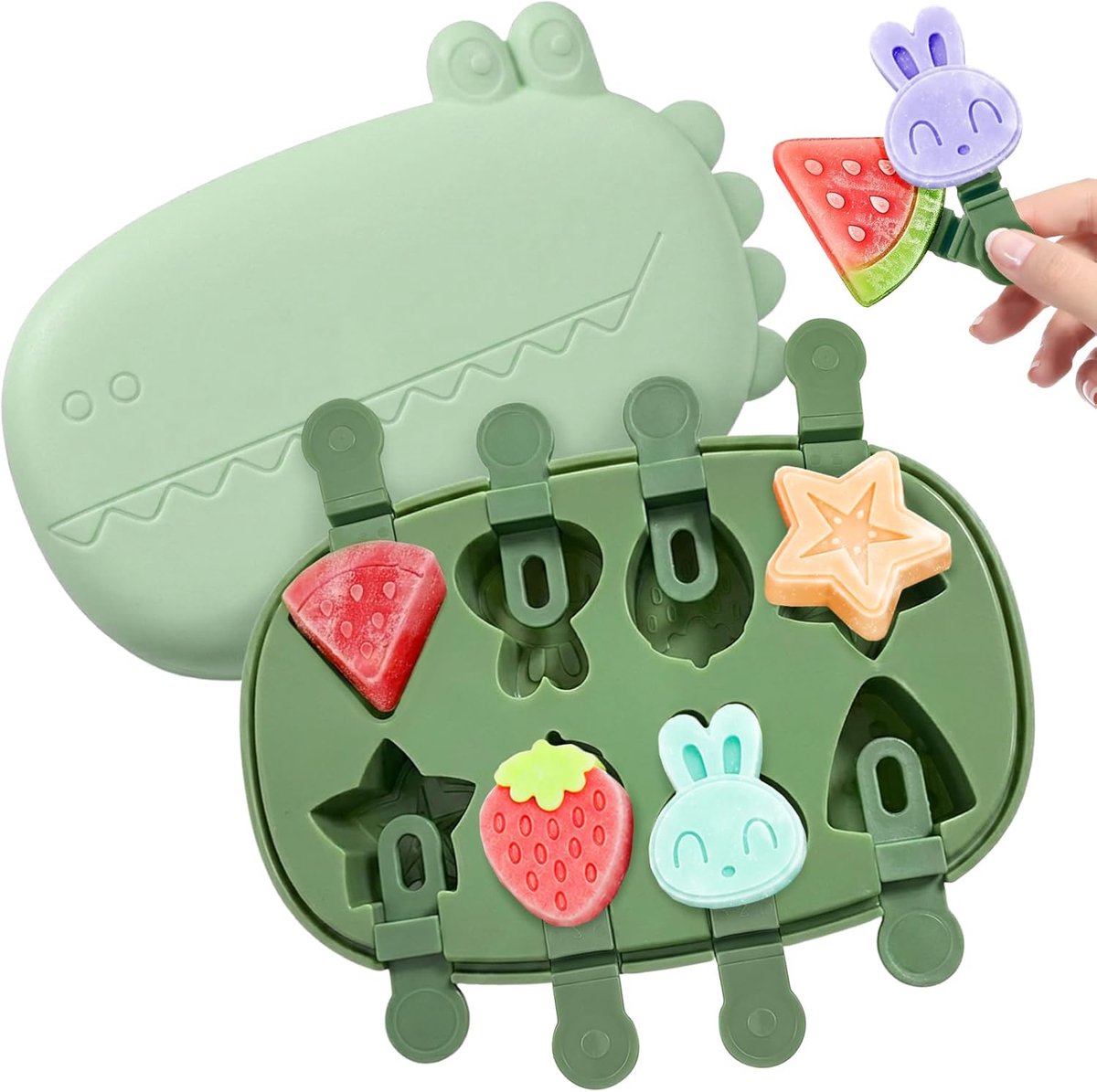 Mini-ijslollyvormen, cartoon dier en bloemen, met deksel en stelen (8-voudig) - ShopVlot