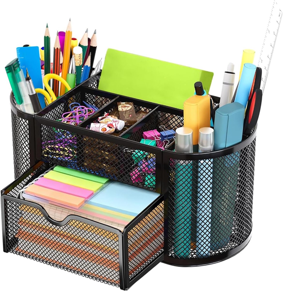 Bureau-organizer, metalen mesh, pennenhouder met 8 vakken en 1 lade, roestbestendig, hoge temperatuur, antislip basis - ShopVlot