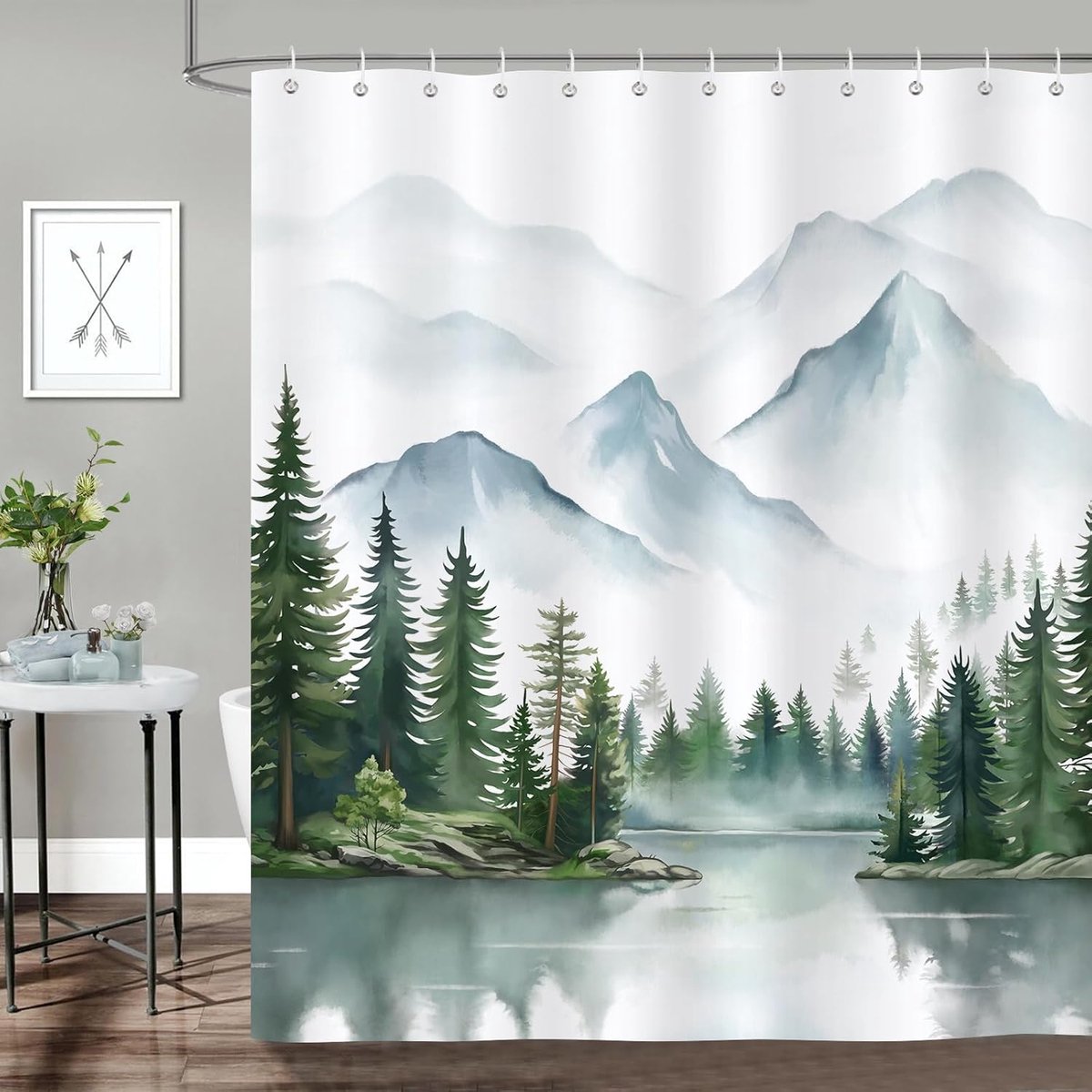 Douchegordijn 180x180 cm - Watercolor Berg Natuur - Waterdicht en Schimmelwerend - Breng rust in je badkamer - ShopVlot