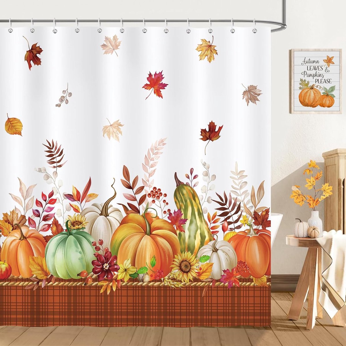 Douchegordijn 180 x 180 cm - Waterdicht polyester - Herfst pompoenen en bladeren - Creëer een warme sfeer - ShopVlot