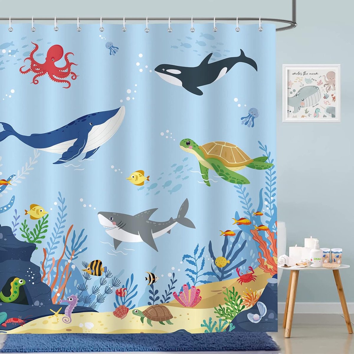 Douchegordijn voor kinderen 180 x 180cm - polyester - waterdicht en schimmelbestendig - leuk onderwaterdesign - ShopVlot