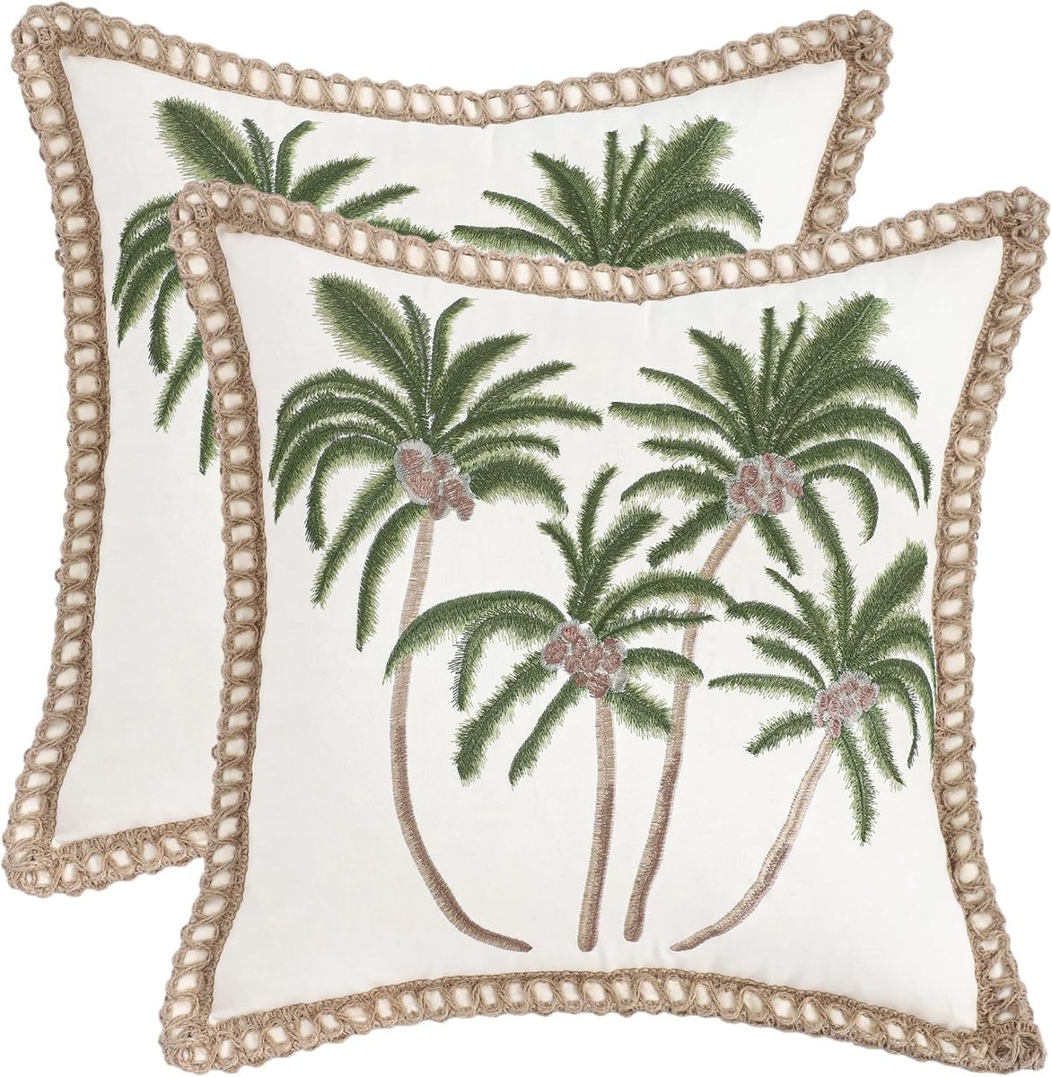 Tosleo 2 Pieces Summer Cushion Covers 45 x 45 cm Tropical Palm Jute Boho Pillow Case with Closed Edges Decorative - ShopVlot