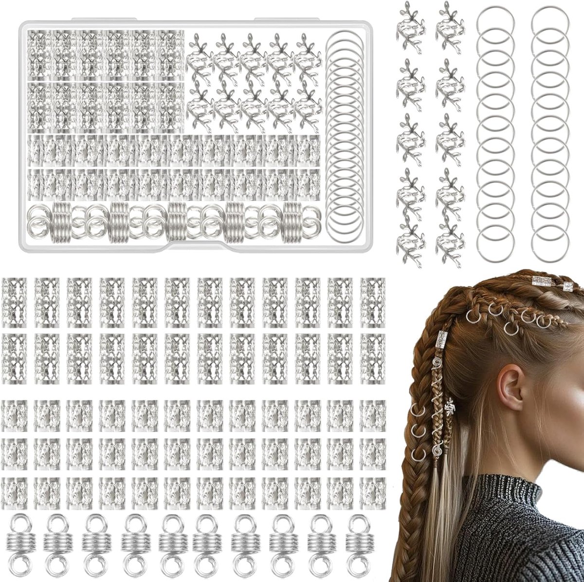 100 Pieces Dreadlocks Jewelry Wikinger Hair Jewelry Silver Metal Hair Rings for Braiding Adjustable Cuffs Hair Beads - ShopVlot