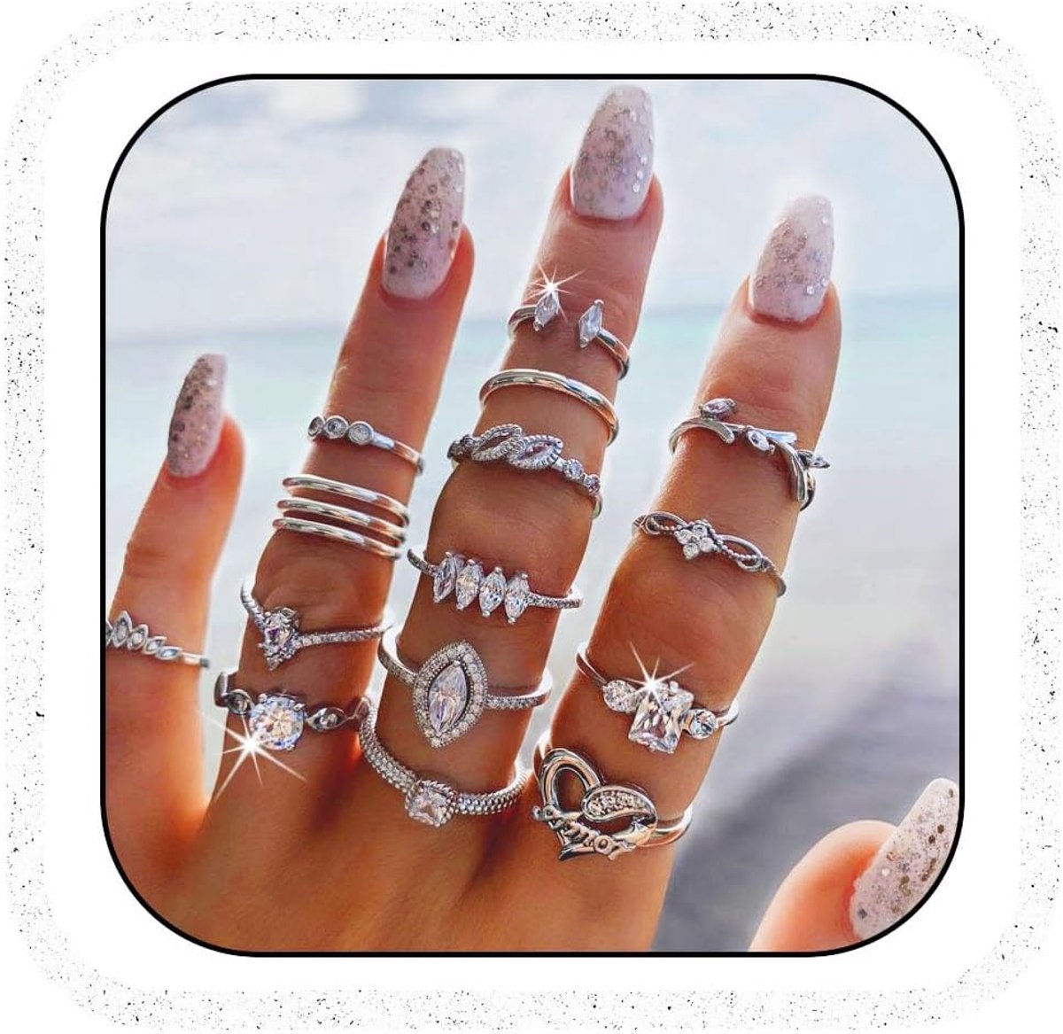 IYOU Vintage Gemstone Ring Set Silver Crystal Single Stackable Rings Boho Flower Moon Middle Rings Jewelry for Women - ShopVlot