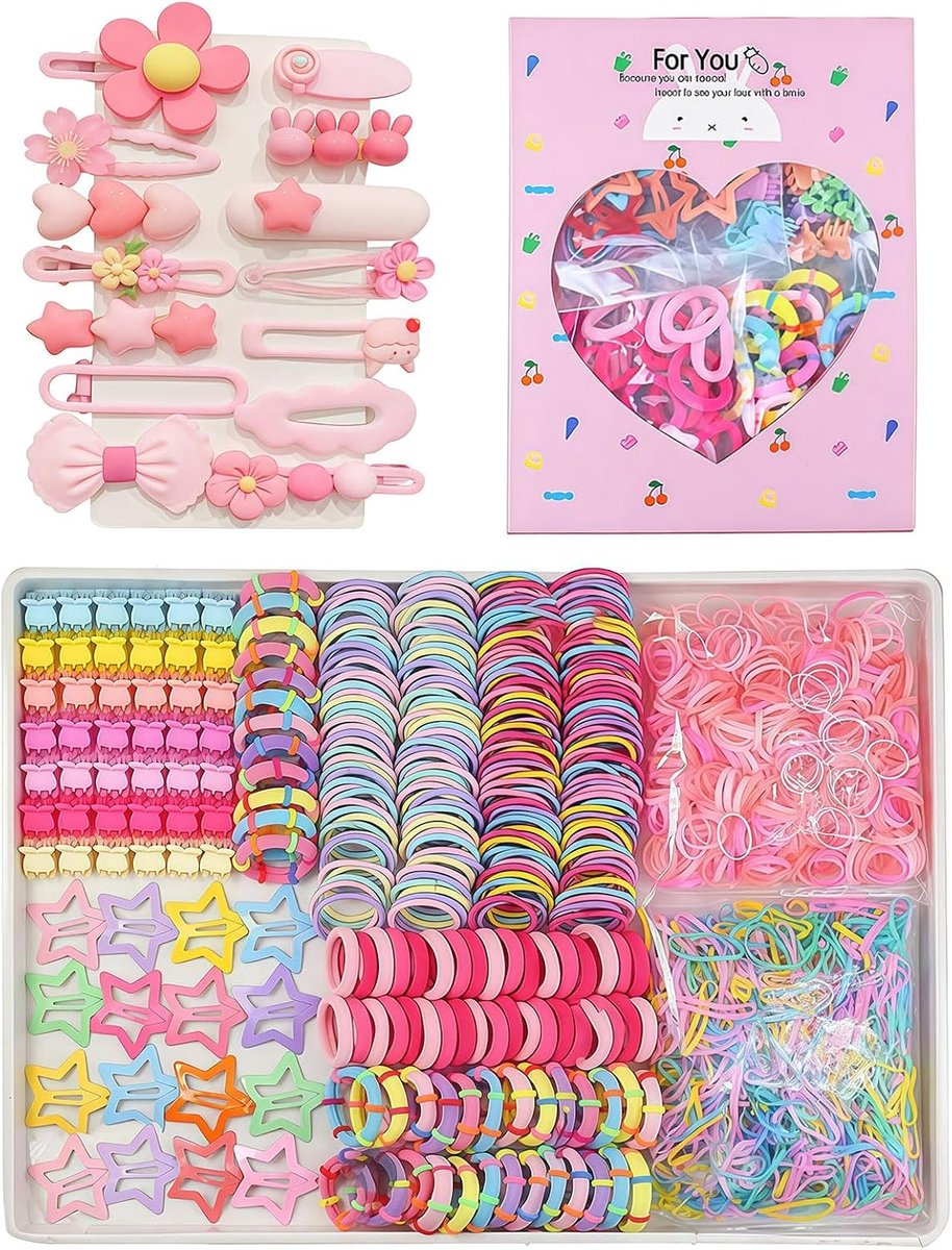 889-Piece Elastic Hair Eraser Set and 14 Cute Hair Clips - Colourful Hair Eraser for Ponytails, Hair Accessories for - ShopVlot